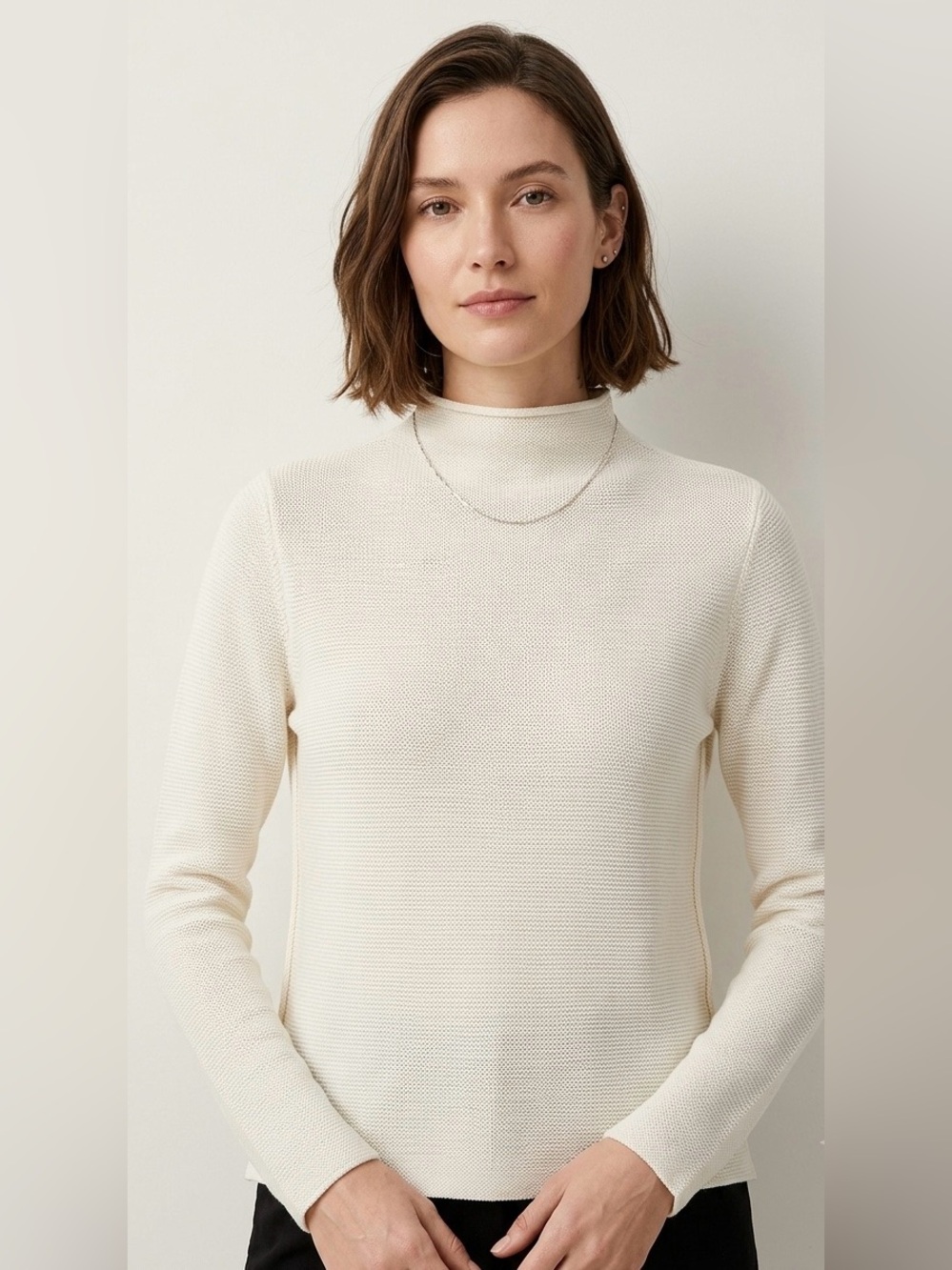 Eileen Fisher Off-White Textured Knit Mock Neck Pullover Sweater Top
